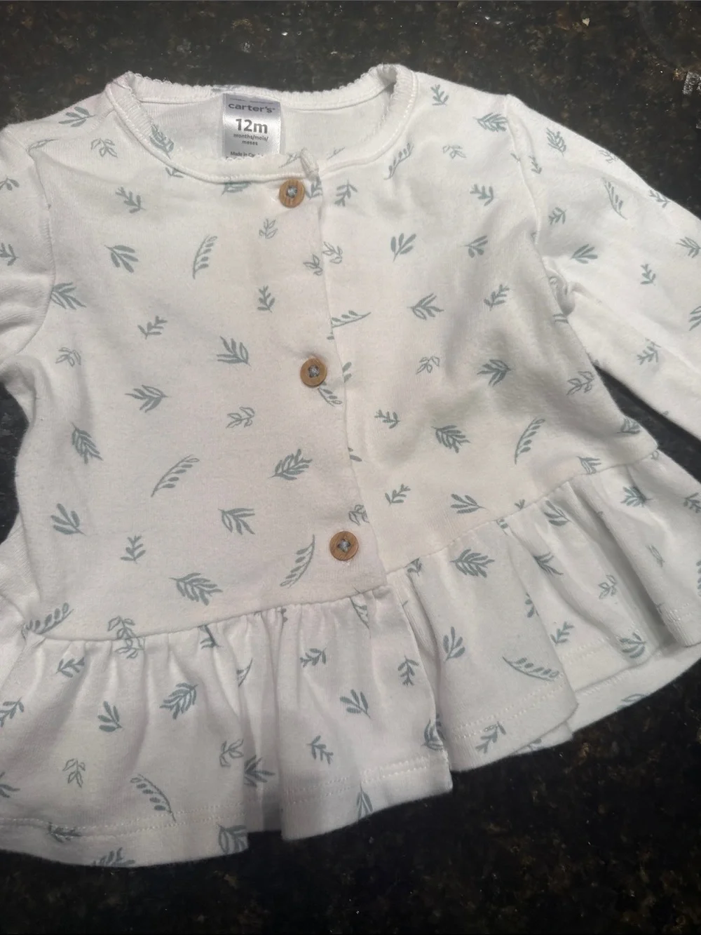 Long-Sleeve Peplum Top in Light Cream with Leaf Print - 12 Months Baby Girl NWOT